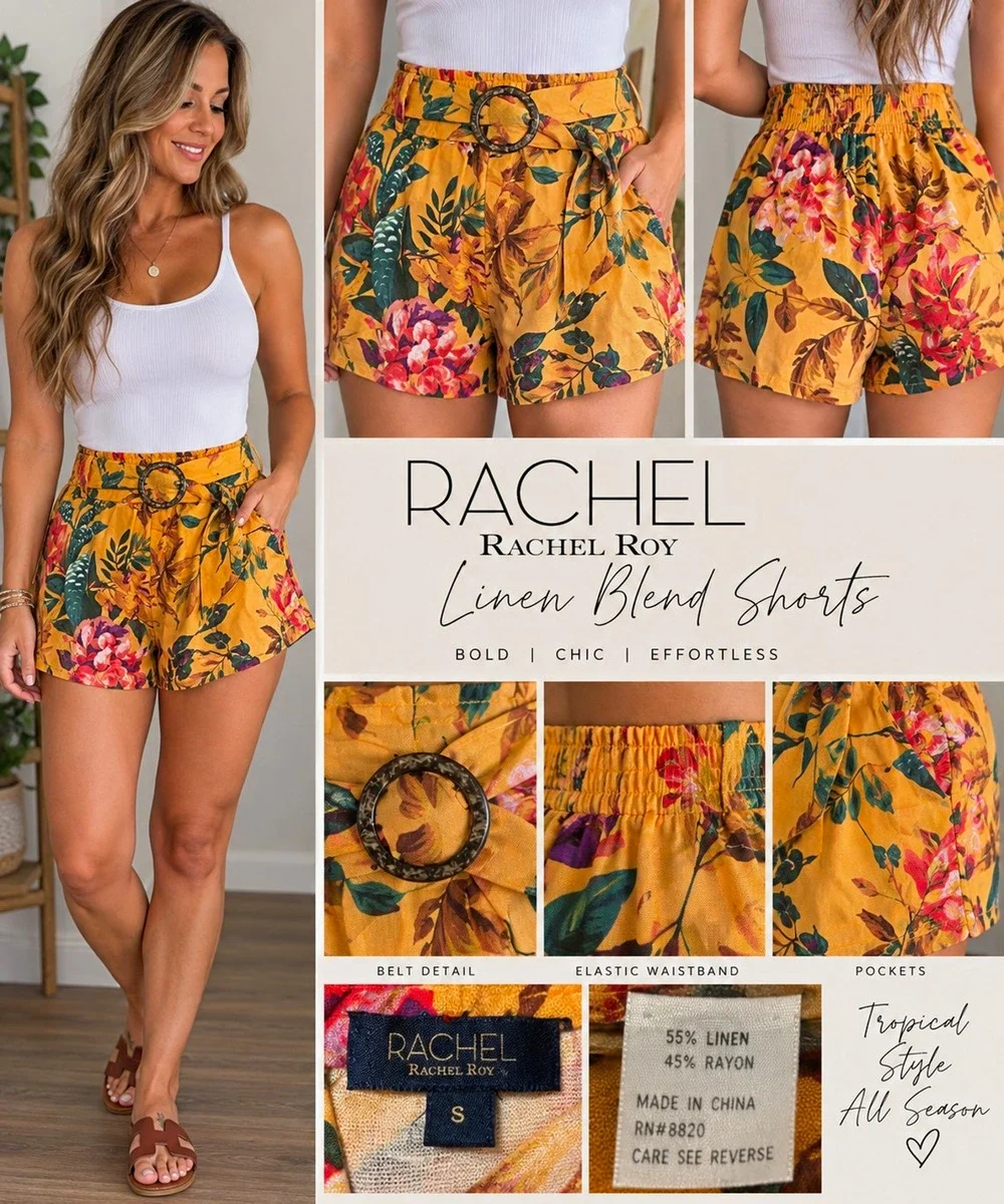 Rachel Rachel Roy Shorts Womens S Floral Linen Blend Belted Mustard Tropical NWT